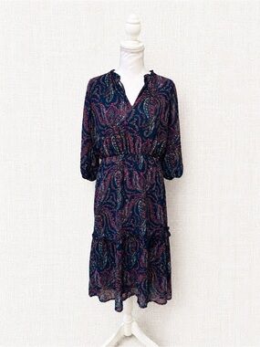 Navy Paisley Midi Dress with Elastic Waist